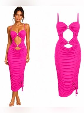 Fashion Nova Fuchsia Cut-Out Ruched Mesh Midi Dress Fits 1X/XL runs small